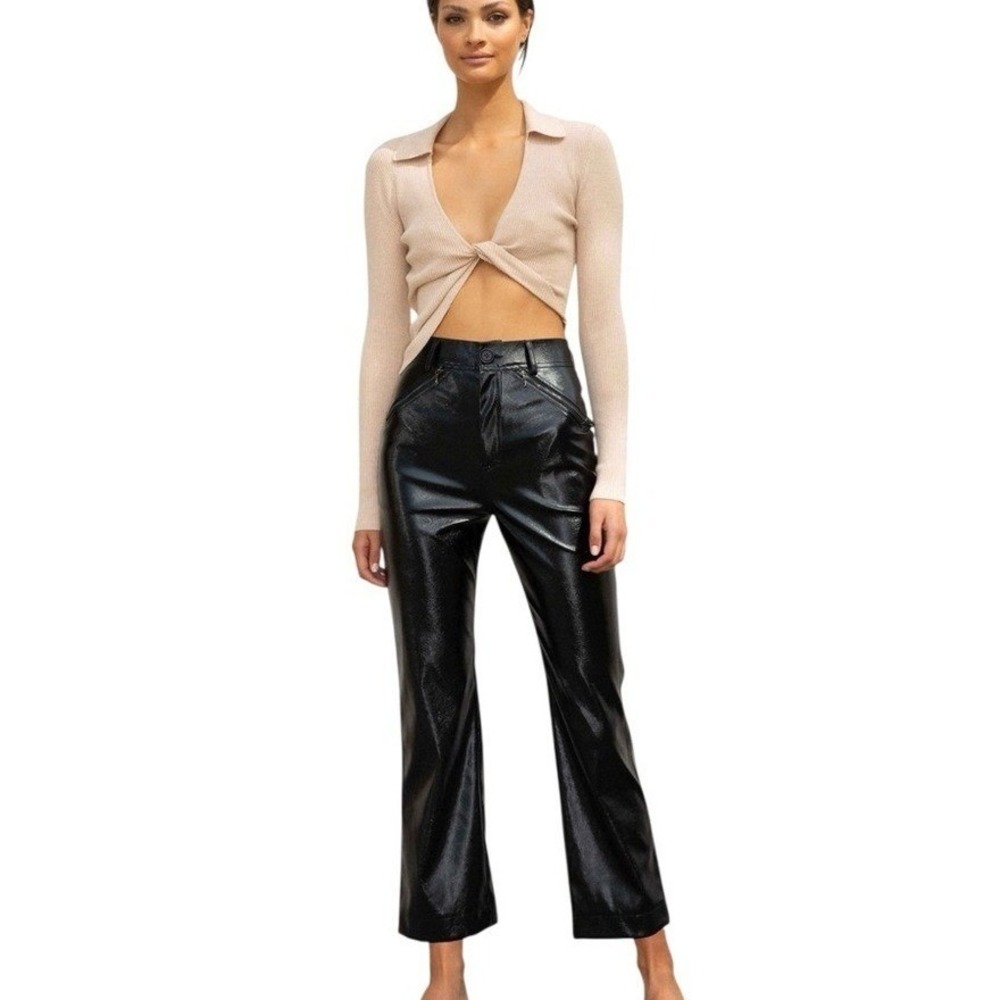 NWT Misha Bertha Black Vegan Leather‎ High Waist Crop Flare Pants Size 2 $238